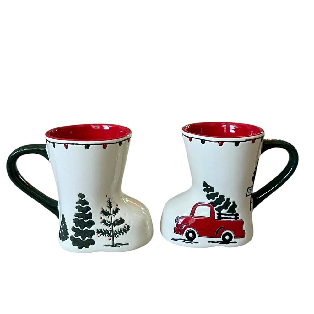 Potter's Studio Red Truck w Christmas Trees Boot-Shaped Coffee Mug 12oz Set of 2